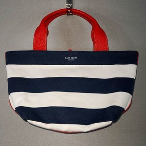 Kate Spade New York Handbag Navy and White Striped Fabric W/ Red Handles Large